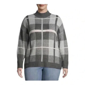 Terra & Sky Gray Sweater Plus Size 1X Women Gray and Pink Windowpane Plaid